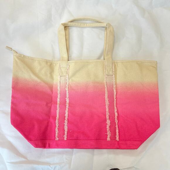 Victoria's Secret Pink Tote Weekender Bag Pink / Off White Fringe Canvas - Picture 5 of 5